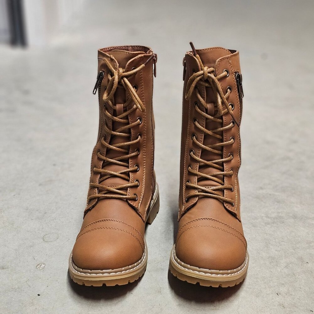 Womens Tan Lace-Up & Side-Zip Combat Boots With Adjustable Buckles Chunky Sole A - Picture 4 of 7